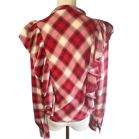 2/$30 Zara Basic Small Denim Red & White Plaid Ruffled Button-Up Blouse - Picture 11 of 15
